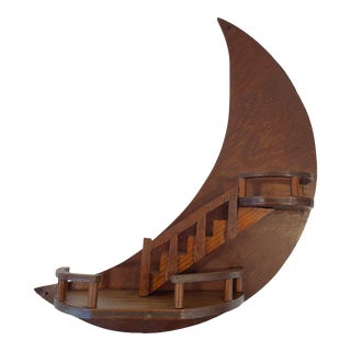 Vintage MCM Hand Made Crescent Moon Stair Step Wood Wall Shelf For Sale
