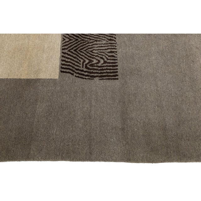 Tibetan Hand-Knotted Wool & Silk Rug Abstract Modern Geometric in Gray and Brown For Sale - Image 10 of 10