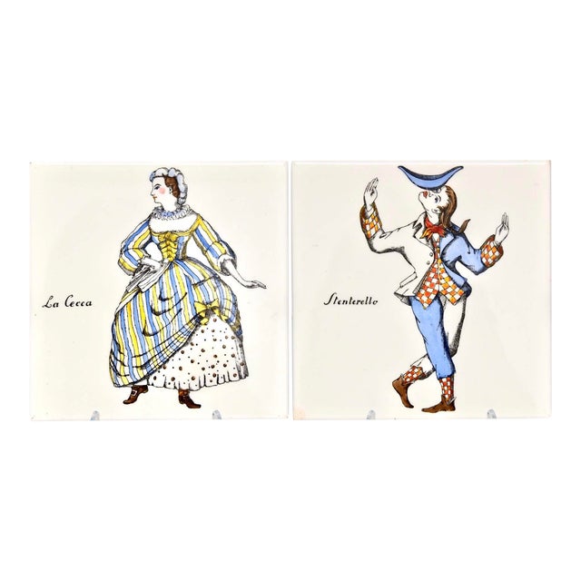 Mid-Century Piero Fornasetti Style Hand Painted Ceramic Plaques- a Pair For Sale