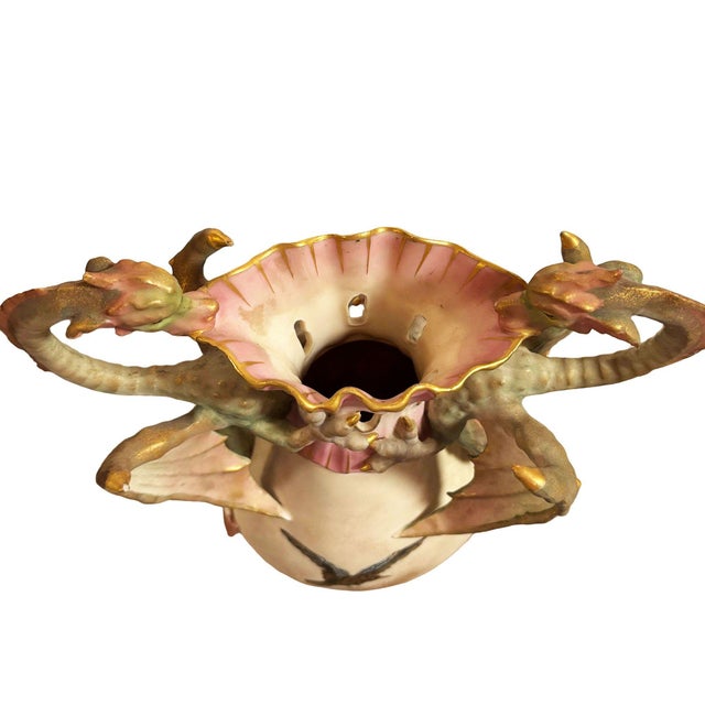 Late 19th Century Victorian Dragon Handle Ceramic Vase W/ Hand Painted Corvus by Alfred Stellmacher For Sale - Image 4 of 5