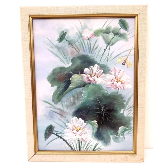 Vintage Oil Painting of Geraniums and Dragonfly For Sale - Image 4 of 7