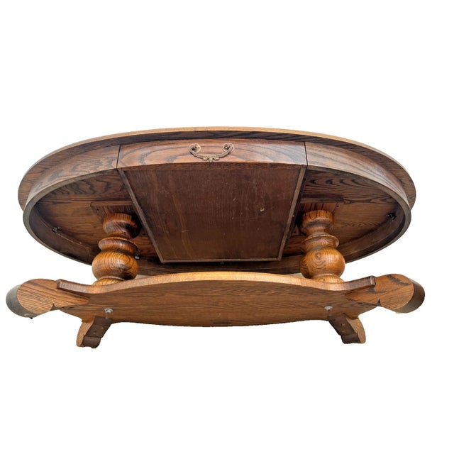 Vintage Oval Coffee Table Tiger Oak, Center Drawer, Shelf, Columns, Empire Style For Sale - Image 10 of 10