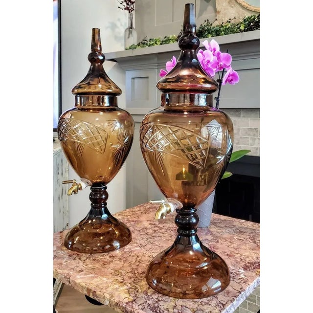 Metal Monumental Bohemian Art Glass Urn Beverage Dispensers - a Pair For Sale - Image 7 of 11