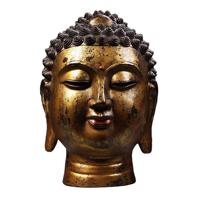 Monumental Vintage Gilt Bronze Buddha Head Sculpture - Large Asian Zen Decor, 20 LBS For Sale