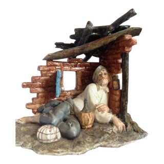 Vintage Italian Capodimonte Porcelain Figurine of an Old Man in a Ruined Shelter by Cedraschi For Sale