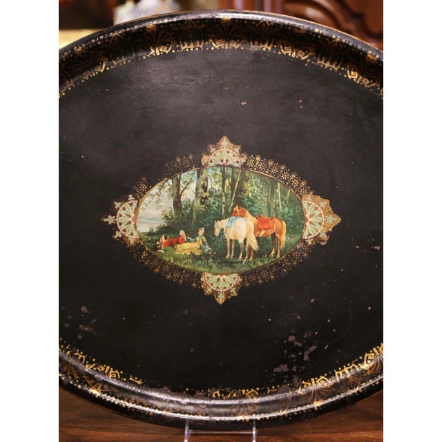 French 19th Century French Napoleon III Oval Tole Tray With Hand Painted Medallion For Sale - Image 3 of 9