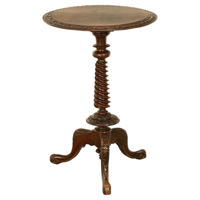 Wood Antique Irish Carved Burl Walnut Spiral Twist Pedestal Tripod Wine Table 1860 For Sale - Image 7 of 18