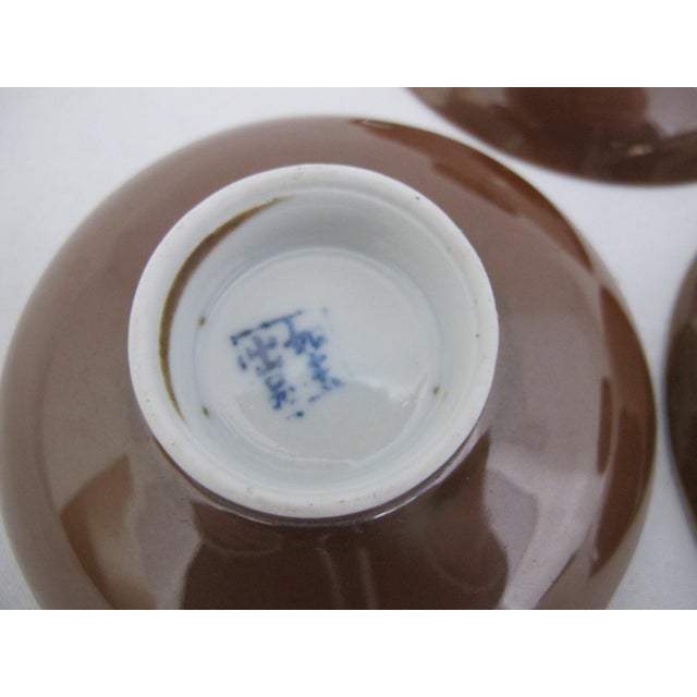 Blue 19th Century Small Chinese Cafe Au Lait Brown & Blue Porcelain Fish Tazza Dish Saucer Set - 3pcs For Sale - Image 8 of 8