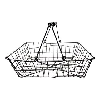 Hand Forged French Harvest Wire Basket With 2 Wooden Handles For Sale