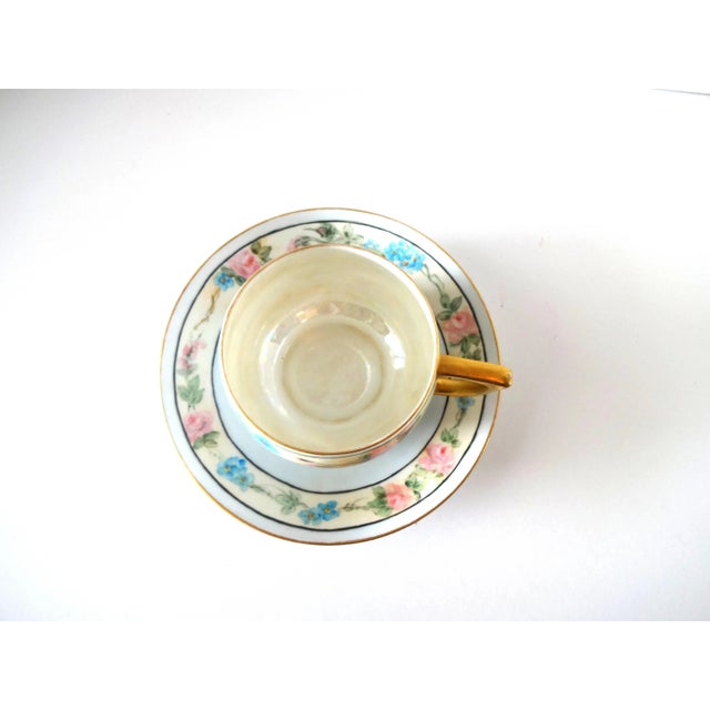 Noritake Antique 1920s Noritake Pale Blue Forget-Me-Nots and Pink Roses Porcelain Tea Cup and Saucer For Sale - Image 4 of 7
