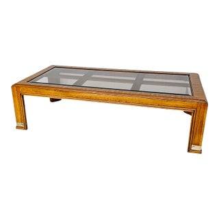 1980s Drexel Heritage Mid-Century Modern Oak Coffee Table With Brass Inlay & Beveled Glass For Sale