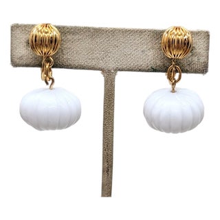 Vintage 1980s Signed Napier Goldtone White Melon Drop Clip Earrings-2 Pieces For Sale