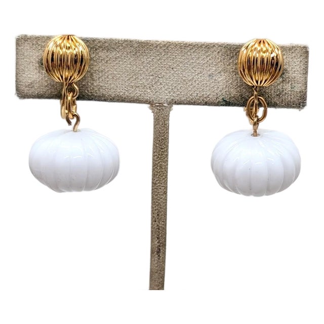 Vintage 1980s Signed Napier Goldtone White Melon Drop Clip Earrings-2 Pieces For Sale