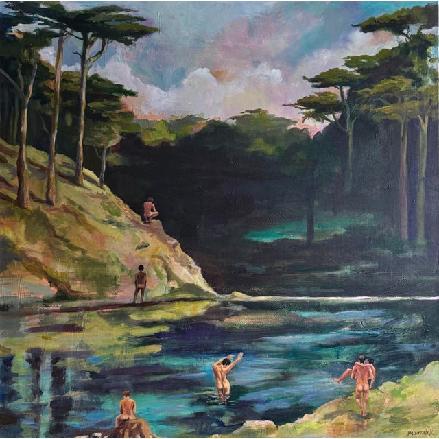 Textile The Boys at the River" — Large Figurative Nude Painting, 36" X 36" For Sale - Image 7 of 7