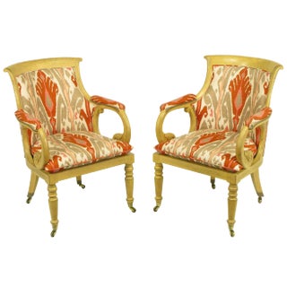 Interior Crafts Regency Scrolled Arm Chairs in Ikat Fabric - a Pair For Sale