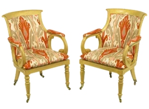 Interior Crafts Regency Scrolled Arm Chairs in Ikat Fabric - a Pair