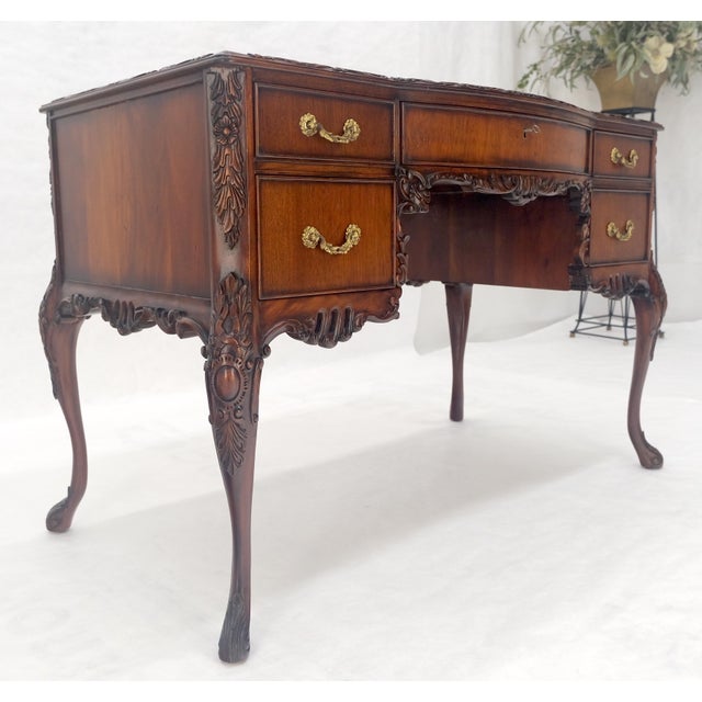 Carved Mahogany Embossed Black Leather Top Petit Compact 5 Drawers Desk MINT For Sale - Image 13 of 14