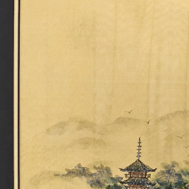 Wood Chinese Silk Shan-Shui Landscape With Temple and Mountain, Signed and Sealed For Sale - Image 7 of 12