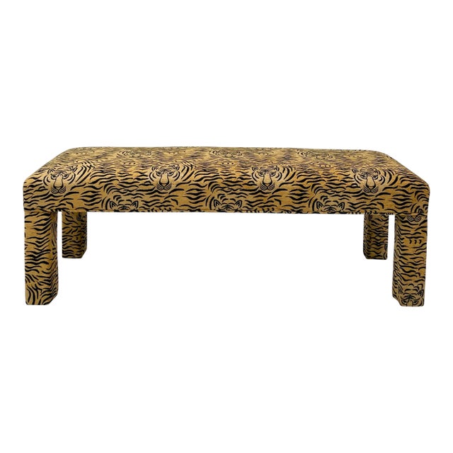 Vintage Postmodern Bench Newly Upholstered in Tiger Print For Sale