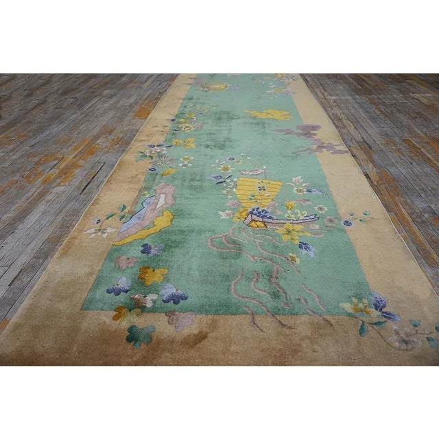 1920s Chinese Art Deco Carpet ( 4'5'' x 11'9'' - 135 x 358 ) Antique Chinese – Art Deco Hallway Runner Wool Green Rug,...