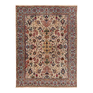 Vintage Persian Tabriz Handmade Beige Floral Wool Rug For Sale