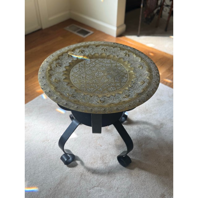 Moroccan Brass Table on Black Iron Stand For Sale In Saint Louis - Image 6 of 9