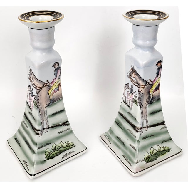Offering a beautiful pair of vintage Equestrian 1970s Neiman Marcus porcelain candlesticks. They each are hand painted and...