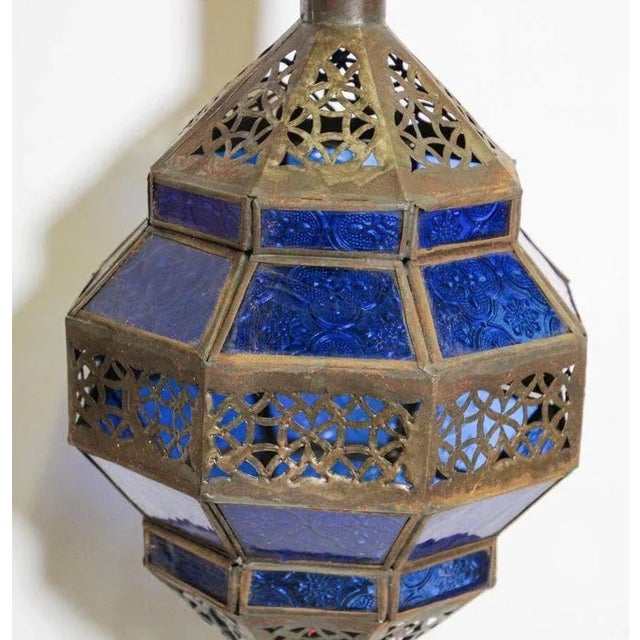 Handcrafted Moroccan Blue Glass Lantern, Metal Octagonal Diamond Shape