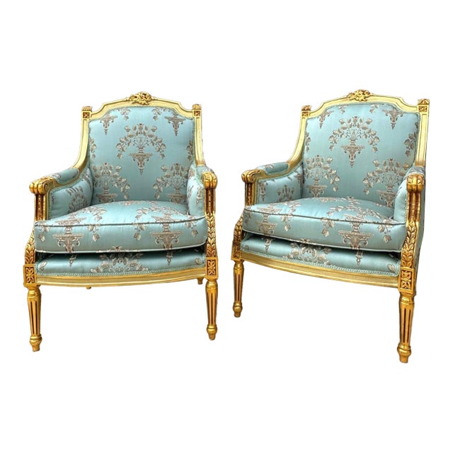 French Louis XV Style Blue-Green Bergere Wing Chair Set of 2 With Gold Leaf Details For Sale