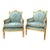 French Louis XV Style Blue-Green Bergere Wing Chair Set of 2 With Gold Leaf Details For Sale