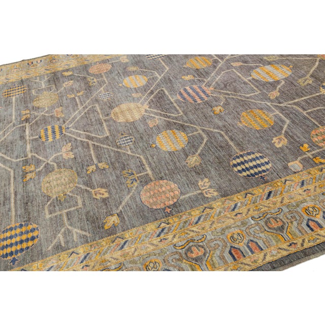 2020s Modern Khotan Style Rug Hand-Knotted Wool Pomegranate Design in Charcoal & Ochre For Sale - Image 5 of 11