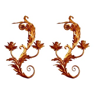 Large Florentine Gilt Wall Lamps attributed to Bianci, Italy, 1970s, Set of 2 For Sale