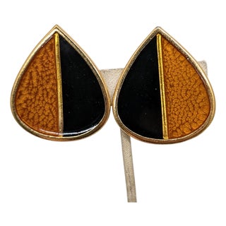 Vintage Signed Ysl Yves Saint Laurent Brown & Black Enamel Clip Earrings-2 Pieces For Sale