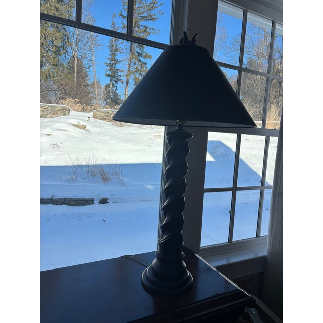 Two solid barley twist base lamps of nice form and proportion w acanthus finials.