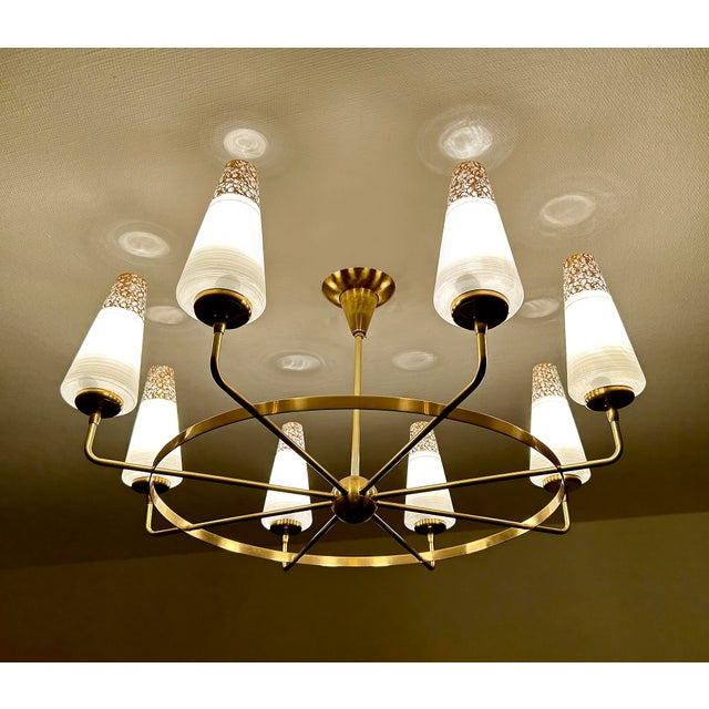 Gold Large Vintage Italian Glass and Brass Chandelier, 1950s For Sale - Image 8 of 18
