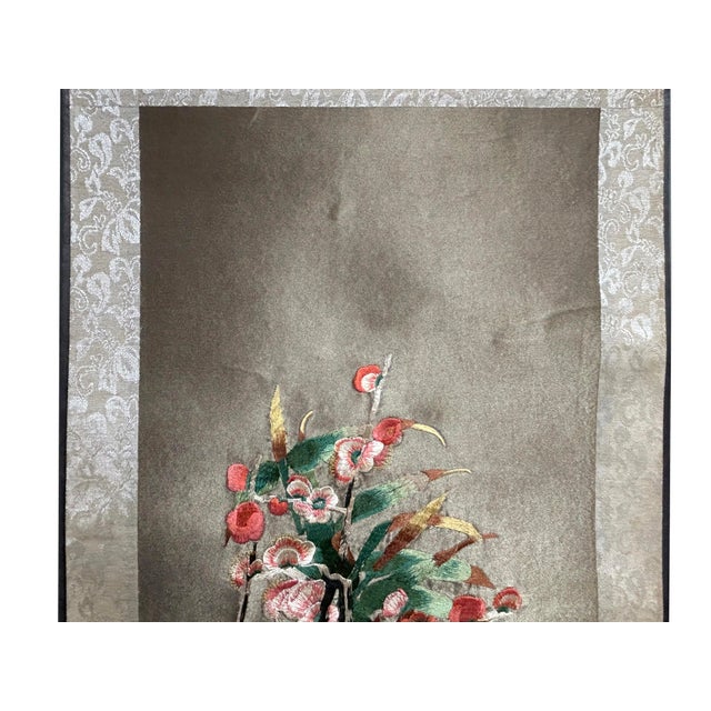 1980s Chinese Flower Vase Embroidery Scroll Painting Wall Art For Sale - Image 5 of 6