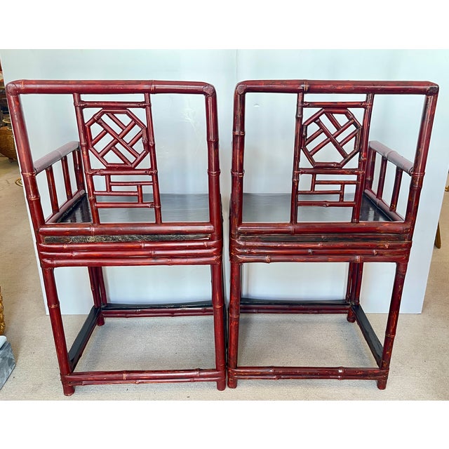 Wood Antique Qing Dynasty Chinoiserie Fretwork Bamboo Rose Chairs a-Pair For Sale - Image 7 of 17