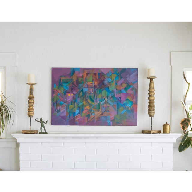 This polychrome vintage cityscape painting attracted me with its abstract cubist city scene paired with a candy-colored,...