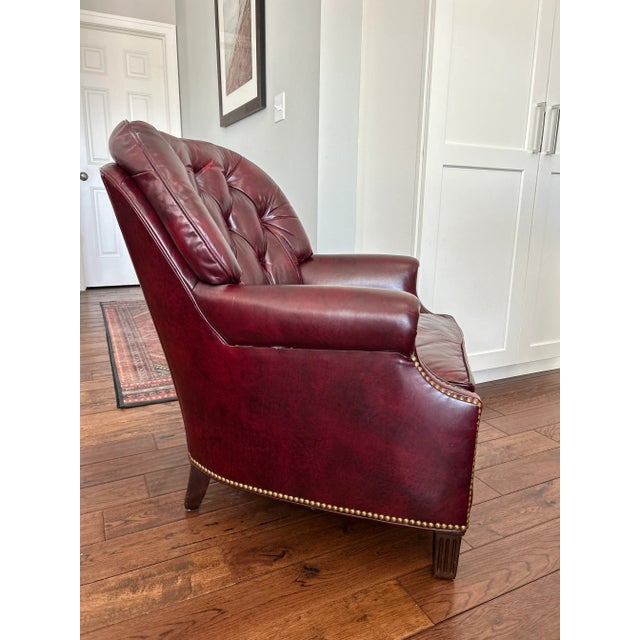 Vintage Hancock & Moore Mid-Century Tufted Leather Club Chair – Burgundy Leather, Mahogany Legs, Brass Nailhead Trim For Sale - Image 6 of 10