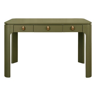 Matthew Izzo Home Theo Three Drawer Olive Green Lacquer Desk With Brass Beetle Knobs For Sale