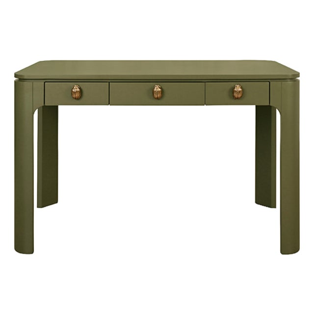 Matthew Izzo Home Theo Three Drawer Olive Green Lacquer Desk With Brass Beetle Knobs For Sale