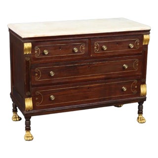 Rare Russian Gilded Marble Top Mahogany Paw Foot Commode With Brass Inlay For Sale