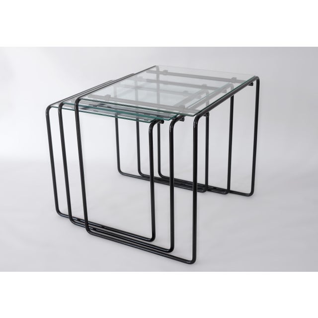 Vintage 80s Postmodern Black Metal & Glass Nesting Tables - Set of 3 For Sale In San Francisco - Image 6 of 17