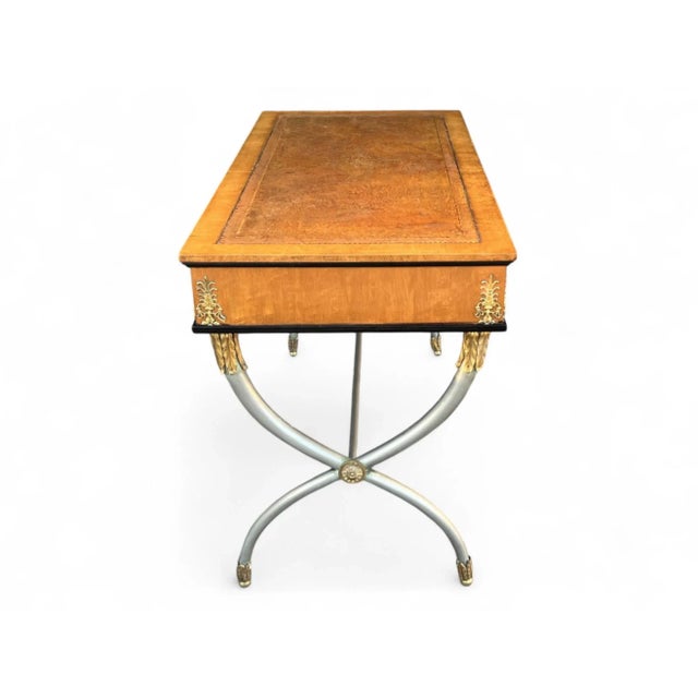 Wood Antique English Neoclassical Writing Desk Gilt Bronze Mounts & Leather Top For Sale - Image 7 of 18