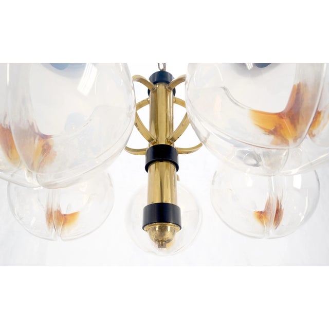 Mid Century Milk Amber Glass 4 Globe Shades Brass Light Fixture Chandelier MINT