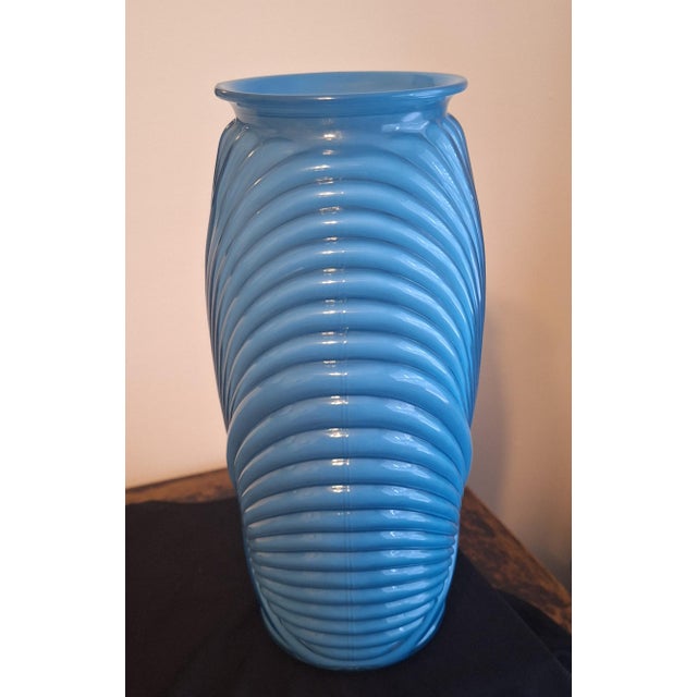 Art Deco 1980s Art Deco Revival French Blue Satin Draped Anchor Hocking Glass Vase For Sale - Image 3 of 5
