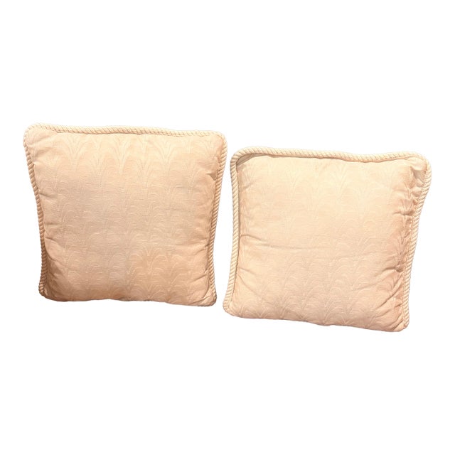 Pair of Tailored Off-White Jacquard Pillows With Rope Trim, 17” & 16” For Sale