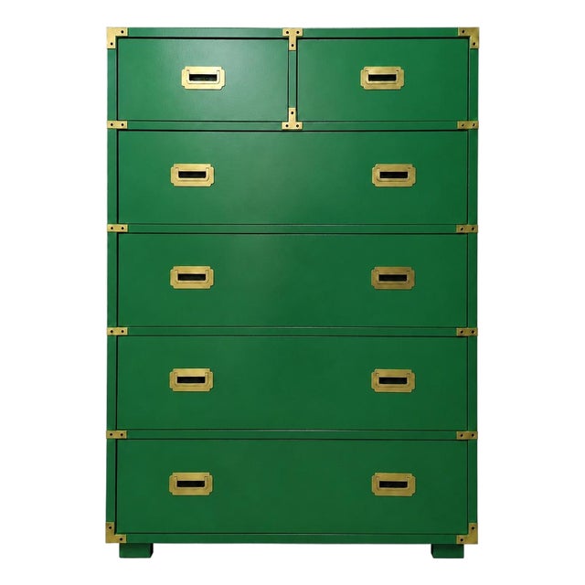 Vintage Bernhardt Campaign Dresser Reimagined in Emerald For Sale