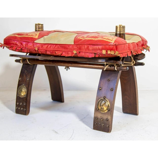 1950s Egyptian Ottoman Camel Saddle Stool With Red and Gold Cushion For Sale - Image 9 of 12