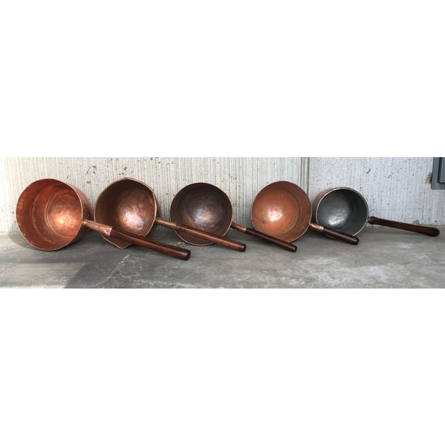 Collection of Five Antique Spanish Handmade and Forged Copper Cook Pans For Sale - Image 4 of 13